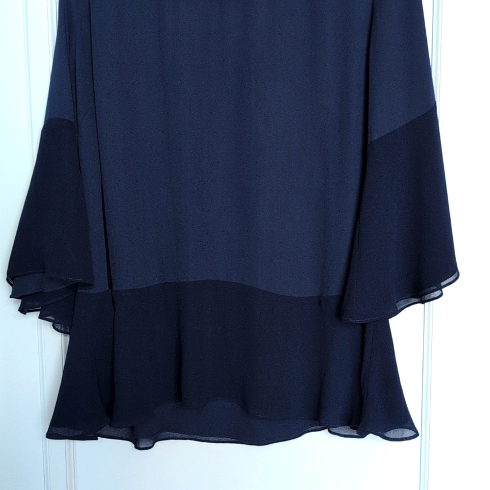 Sejour Navt blue Georgette With Chiffon Trim Bell Sleeve Blouse Plus Size 0X